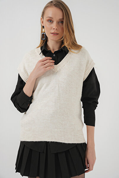 Bigdart V Yaka Ekru Трикотажний светр - 15914
