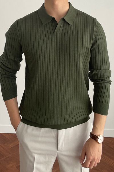 COOL TARZ Khaki Men's Polo Neck Ribbed Knitwear Sweater