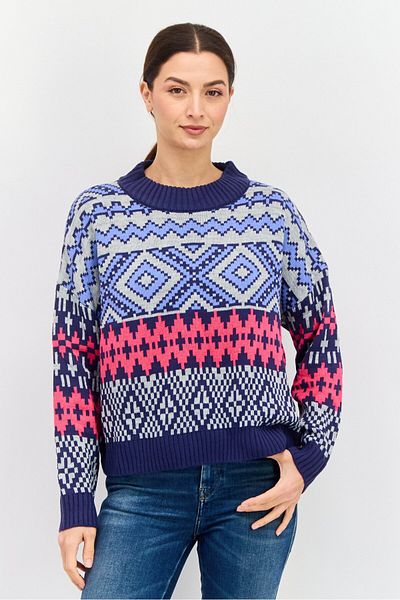 Aqua Women Round Abstract Sweater, Blue