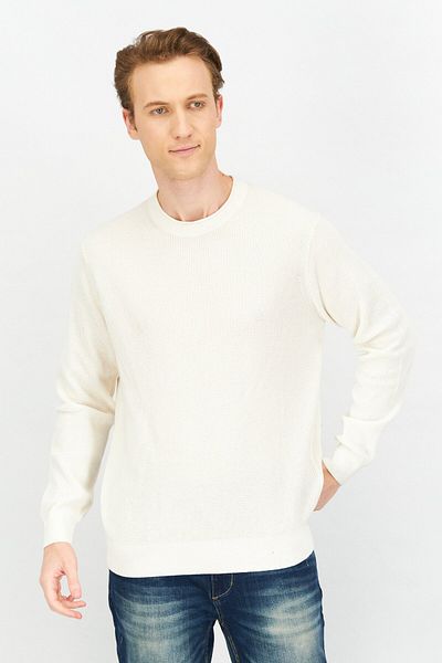 CELIO Men Crew Neck Long Sleeve Knitted Sweatshirts, Off White