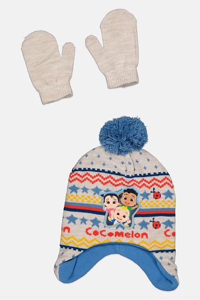 Cocomelon Toddlers Boy 2 Pcs Graphic Bennie And Mittens Set, Grey Combo