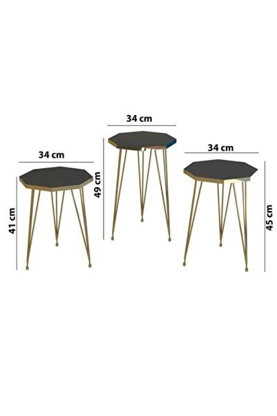 KUMSSHOP BEYAZ GOLD DETAYLI METAL AYAKLI TAŞINABİLİR 3'LÜ ZİGON SEHPA TAKIMI