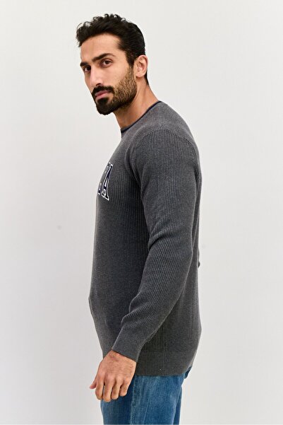 Nautica Men Crew Neck Embroidered Logo Long Sleeve Sweater, Grey