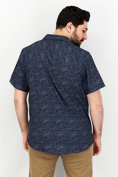 Kenneth Cole Men Spread Collar Short Sleeve Allover Print Casual Shirt, Navy