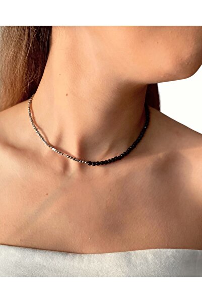 By Saadet Özkanlı Kadın Hematit Ve Oniks Siyah Ince Kolye, Doğaltaş Choker , 36 Cm 4 Cm Uzatma Zinciri