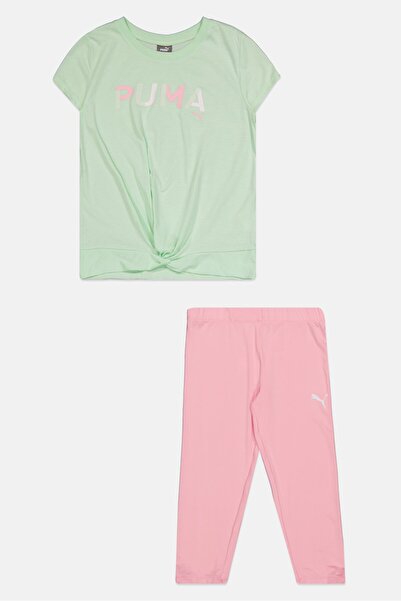 Puma طقم ملابس رياضية للبنات مكون من قطعتين، بلوزة وبنطال ضيق، لون نعناعي/وردي