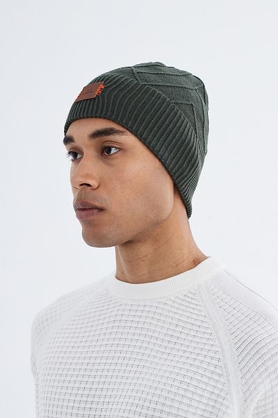 Nordbron Men's Khaki Print Logo - Soft Knitwear Beret, Stretchy Basic, Double Fold Winter Bonham