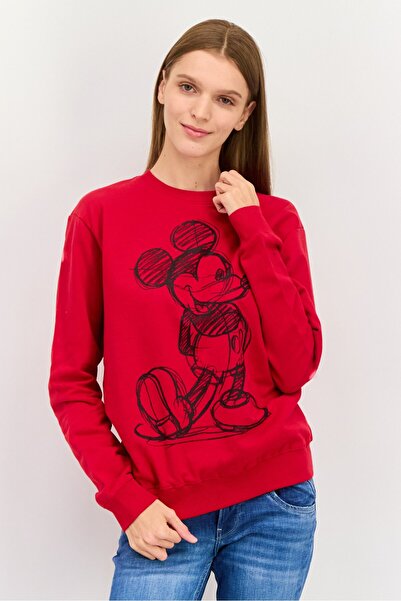 Disney Women Crew Neck Micky Mouse Sweatshirt, Red