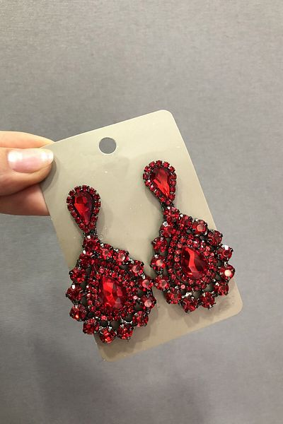 Hayalperest boncuk Dark Gray Earrings with Red Crystal Glass Stones