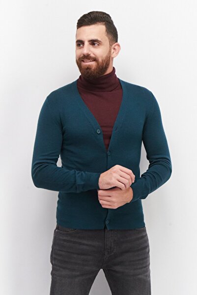 CELIO Men V Neck Long Sleeve Plain Cardigans, Dark Green