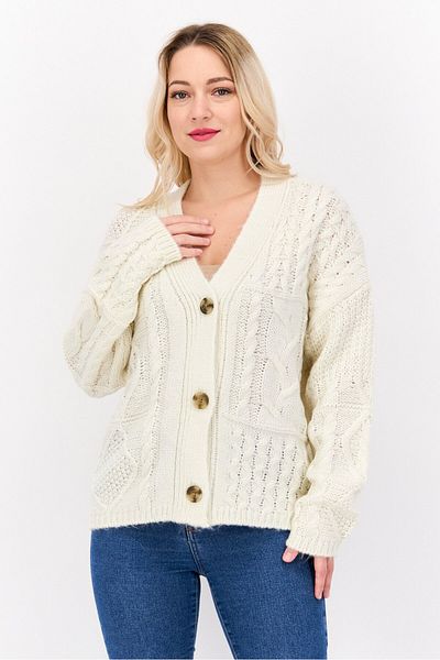 Dex Women V Neck Textured Cardigans, Off White