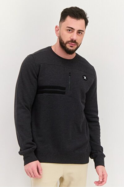 Hurley سويت شيرت رجالي برقبة دائرية وأكمام طويلة وشعار العلامة التجارية، رماد...