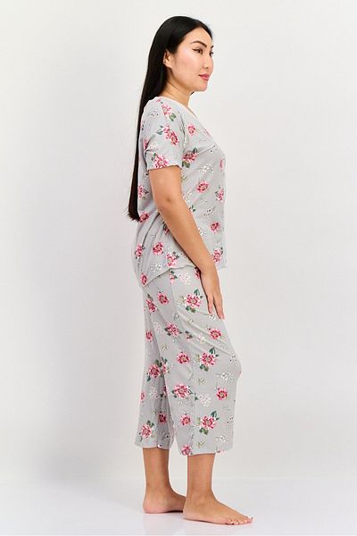 Anne Klein Women 2 Pieces Floral Print Top And Pajama Set, Grey Combo