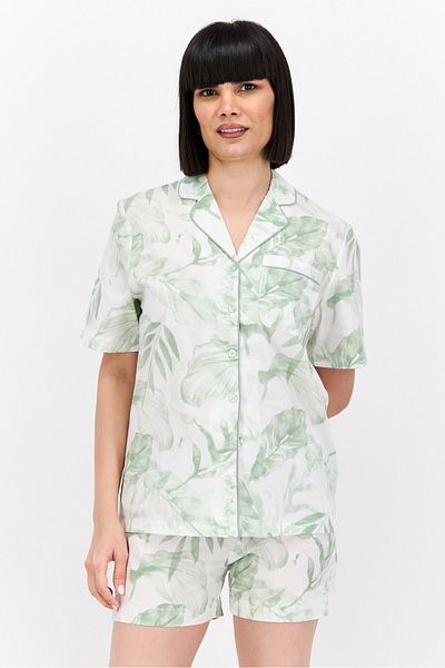 XOXO Women 2 Piece Allover Print Pajama Short Sleeves Top And Drawstring Short Set, Light Pink