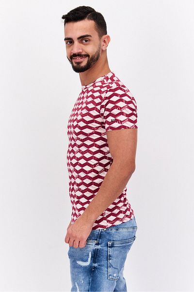 GAS Men Slim Fit Crew Neck Short All Over Printed T Shirt, Red Combo