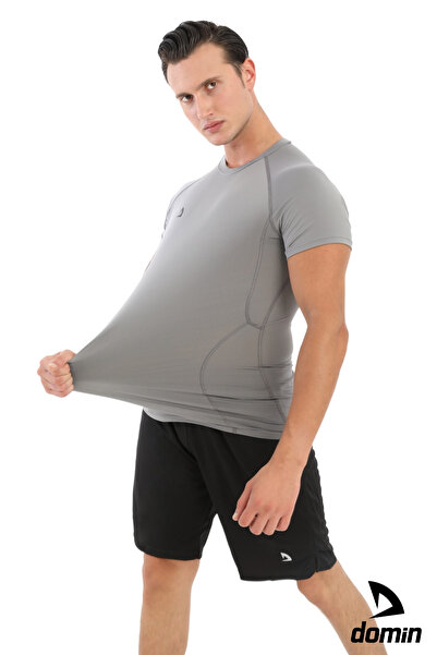 DOMİN SPOR Erkek Kısa Kol Gri Compression Fitness Gym Body Tshirt