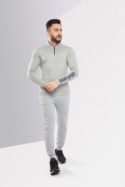 DKNY Sport Men Mock Neck Brand Logo Print Long Sleeves Half Zip Jacket, Silver
