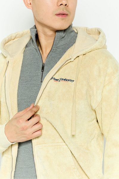 Diesel Men Hooded Embroidered Long Sleeves Full Zip Sweatshirt, Beige