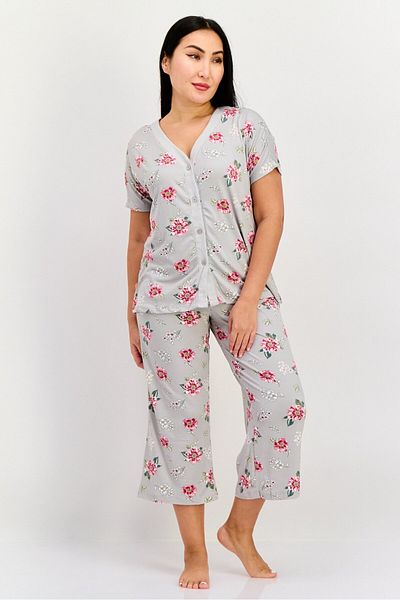 Anne Klein Women 2 Pieces Floral Print Top And Pajama Set, Grey Combo