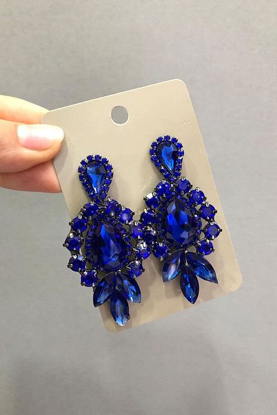 Hayalperest boncuk Saks Blue Crystal Stone 3 Stone Oval Earrings