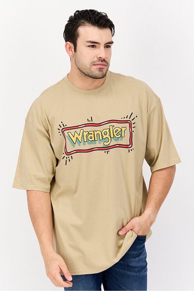 WRANGLER Men Crew Neck Short Sleeves Brand Logo T-shirt, Beige