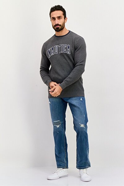 Nautica Men Crew Neck Embroidered Logo Long Sleeve Sweater, Grey