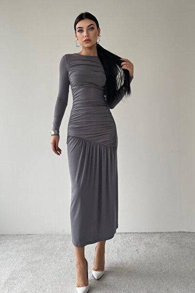 WOMAN VISION Kadın Füme Sandy Kumaş Büzgü Drape Detaylı Uzun Kollu Midi Abiye Elbise 326