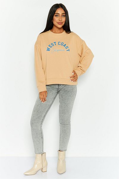Mode by Redtape Women Crew Neck Graphic Print Long Sleeves Sweatshirt, Tan