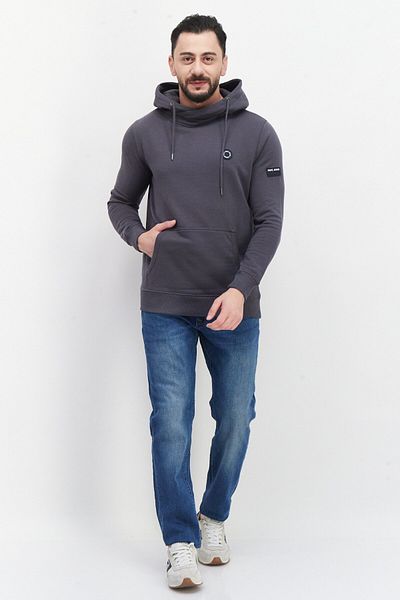 Pepe Jeans سويت شيرت رجالي بغطاء رأس وشعار العلامة التجارية، رمادي