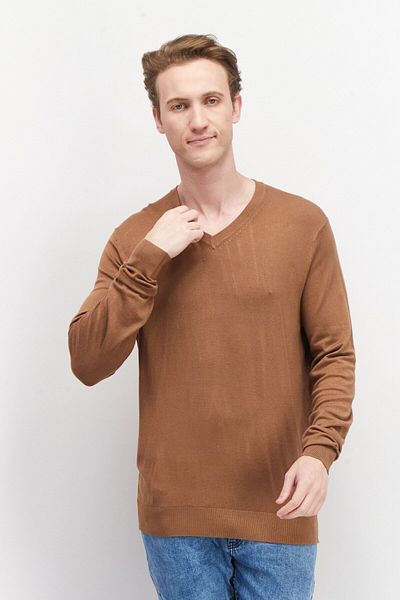 CELIO Men V-neck Plain Long Sleeves Sweatshirt, Brown