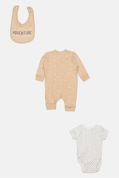 Home Grown Baby Toddlers Girl 3 Piece Allover Print Rompers And Bib Set, Beige Combo