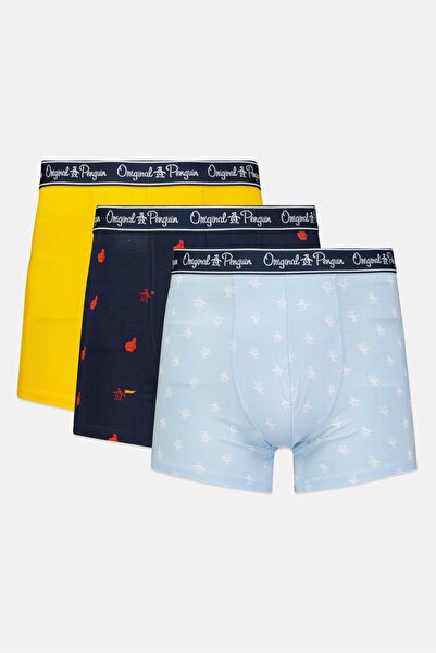 Original Penguin بوكسر رجالي مكون من 3 قطع بطباعة كاملة، أزرق داكن/أصفر/أزرق ...