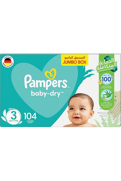 Pampers Aloe Vera, Size 3, Midi, 6-10kg, Jumbo Pack, 104 Taped Diapers
