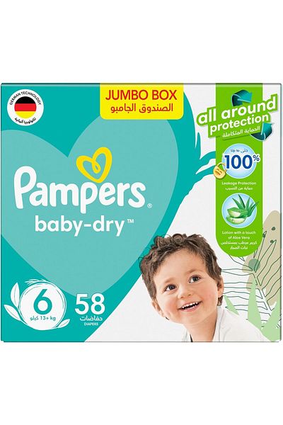Pampers Aloe Vera, Size 6, Large, 13+kg, Jumbo Box, 58 Taped Diapers