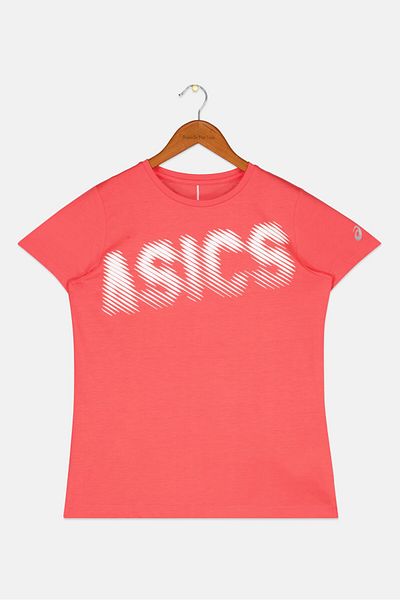 Asics تي شيرت رياضي قصير الأكمام بشعار العلامة التجارية للبنات الصغار، وردي ليزري