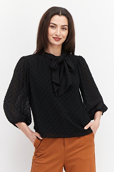 Riley & Rae Women Tie Neckline Long Sleeves Textured Blouse, Black