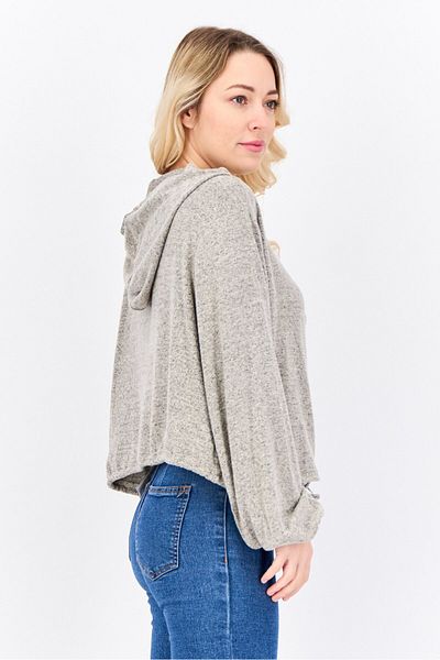 Brave Soul Women Hooded Long Sleeve Solid Sweatshirt, Beige
