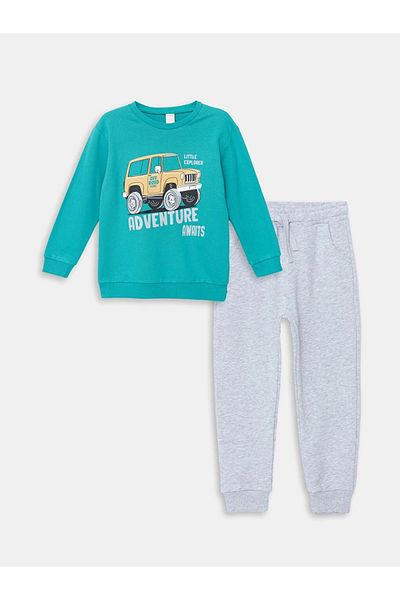 LC Waikiki Lcw Kids 2-Piece Set - Turquoise Cycling Print Sweatshirt and Sweatpants for Baby Boy