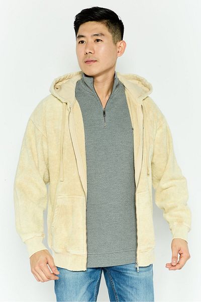 Diesel Men Hooded Embroidered Long Sleeves Full Zip Sweatshirt, Beige