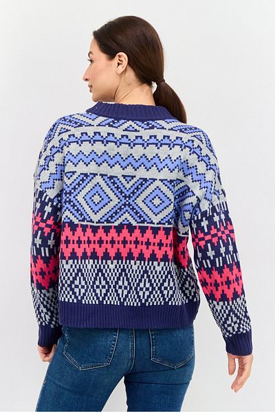 Aqua Women Round Abstract Sweater, Blue