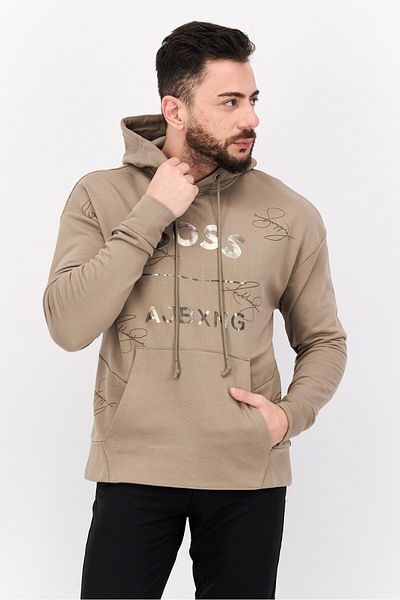 Hugo Boss Men Graphic Long Sleeves Hooded Sweatshirt, Light Tan