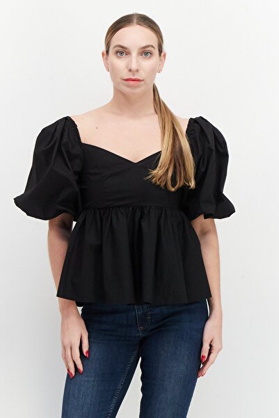 Kourt Women Queen Ann Neck Short Sleeves Plain Blouse, Black