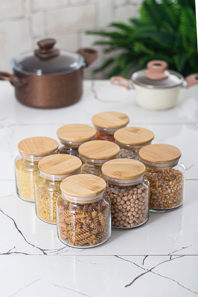 ARDA DİZAYN 9-Piece Bamboo Lid Glass Jar & Food Storage Container Set 500 ml Small Size (Vacuum Lid)