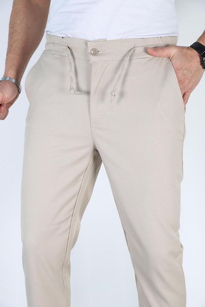 Bürke Men's Cream Color Elastic Waist Lace-Up Quality Casual Winter Trousers