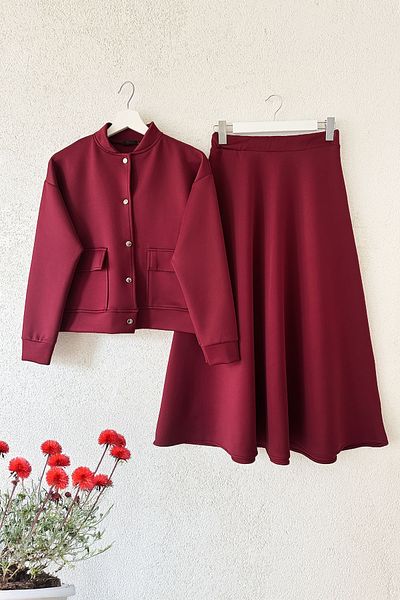 MODAQU Σετ Claret Red Scuba Φούστα και Μπλούζα - Με Τσέπη