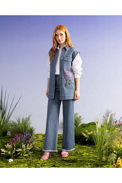 SCL Vestă Jean de lungime Basen - Brodat Floral