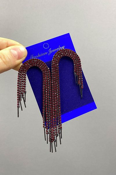 Hayalperest boncuk Red Evening Dress Earrings with Stone Detail
