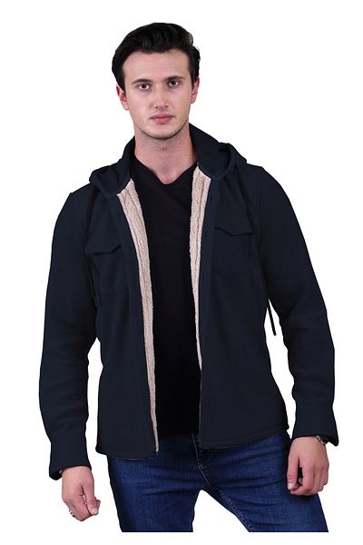 Exve Exclusive Navy Blue Solid Plain Hooded Wool Fur Inside Winter Lumberjack Jacket Shirt