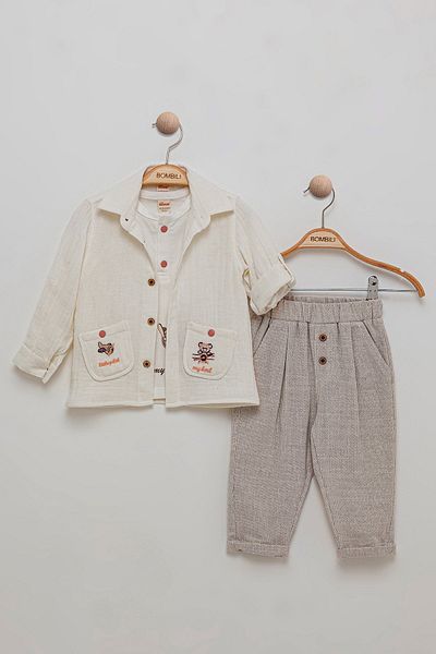 Bombili 3-Piece Baby Boy Set with Embroidered Muslin Shirt and Elastic Waist Pants