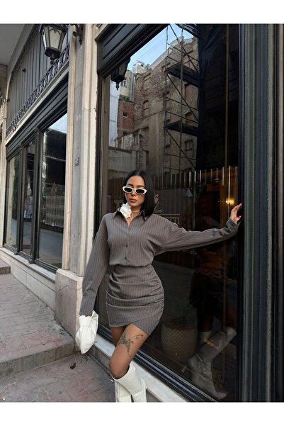 aytenli Striped Double Mini Dress with Asymmetrical Cutout and Cuff Detail - Side Drawstring, Half Button